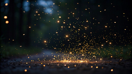 Naklejka premium Sparks Flying from Ground at Night with Dark Forest Background fire embers
