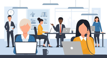 Diverse business people working collaboratively in a modern office environment, symbolizing teamwork, productivity, and professional success.