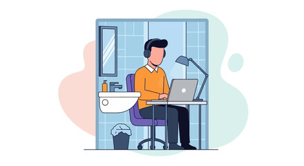 Fototapeta premium Man working remotely from an unconventional home office, possibly a bathroom, using a laptop and headphones. Depicts flexible work lifestyle.