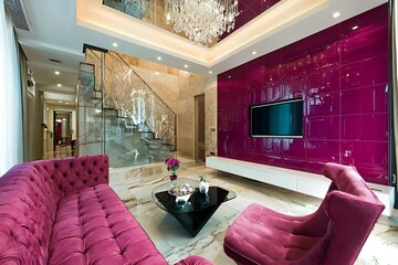 Elegant modern living room with purple accent wall and stylish furniture design ideas