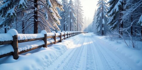 Snowy road winds past rustic timber fence, winter wonderland , woods, fence post