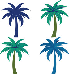 Fototapeta premium Four stylized palm trees in vibrant blue and green hues for tropical designs