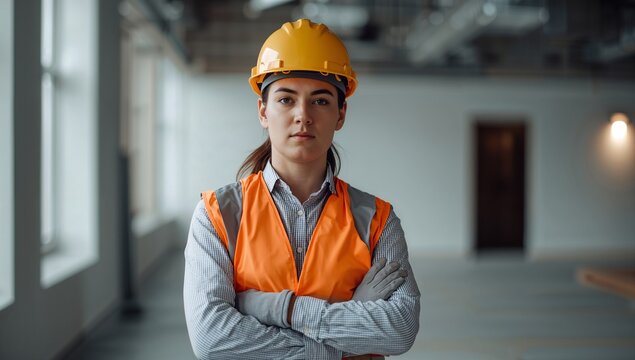 Confident construction worker wearing the yellow hard hat and orange safety vest stands featuring folded arms inside a modern unfinished building under soft indoor lighting