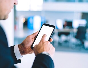 Businessman using smartphone in office with blank screen for advertisement