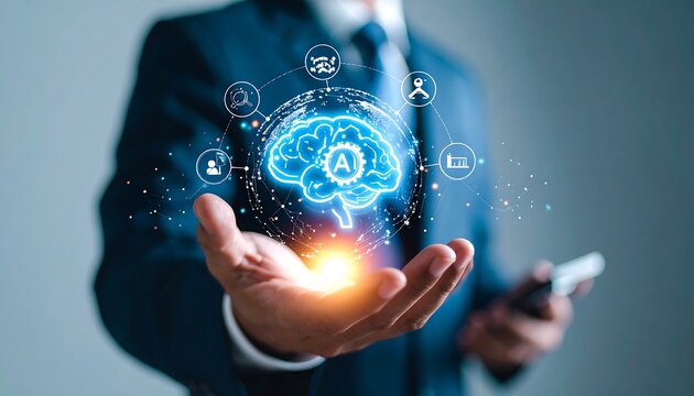 Businessman holds a holographic AI brain - Powered by Adobe