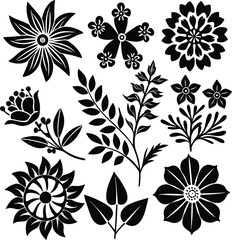 Fototapeta premium Charming black and white botanical silhouettes featuring various flowers and branches for decorative use