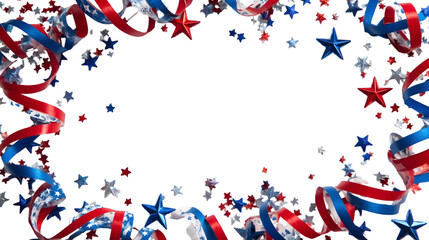 Fototapeta premium Red, white, and blue patriotic streamers and confetti border isolated on transparent background