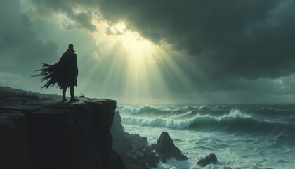 A lone figure stands on a cliff overlooking a stormy ocean, with sunlight breaking through the clouds. The person is wearing a cloak and looking out at the rough waves.