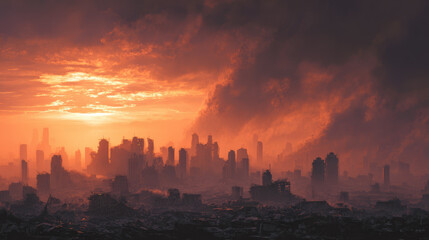 Destroyed city skyline sunset smoke dramatic apocalyptic urban ruins disaster