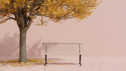 A serene scene featuring a tree with yellow leaves and a bench against a pink background in autumn time