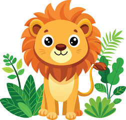 Fototapeta premium Cartoon Lion, Cute Cartoon Lion, Cute Cartoon Lion Vector Illustration, Adorable Baby Lion Cub Clipart, Kawaii Jungle Animal, Chibi Style.