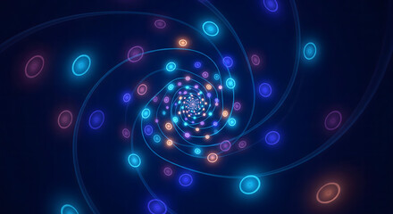 Abstract digital spiral with glowing binary code and neon lights