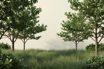 Tranquil park trees, tall grass, sunrise, minimalist background, nature scene