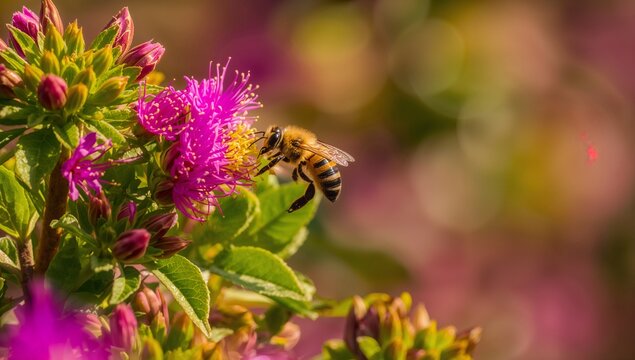 Close-up of the honeybee gathering nectar upon a vivid pink flower within a sunlit garden, featuring soft blurred background creating a warm and colorful natural atmosphere