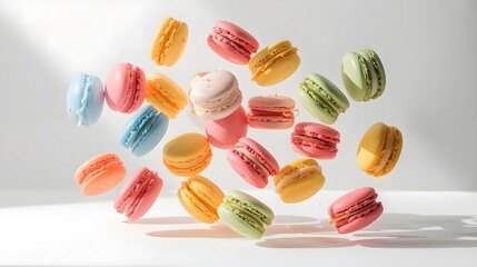 Obraz premium Macarons: A colorful array of delicate macarons dance in the air, each a tempting treat of flavor and texture, exuding sweetness and joy.
