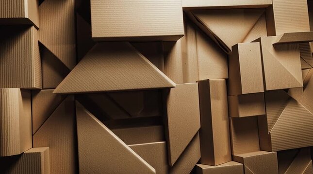 Abstract arrangement of cardboard boxes forming geometric shapes and patterns in a textured design