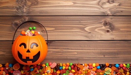 Halloween candy spills from a jack-o'-lantern bucket onto a rustic wooden background.