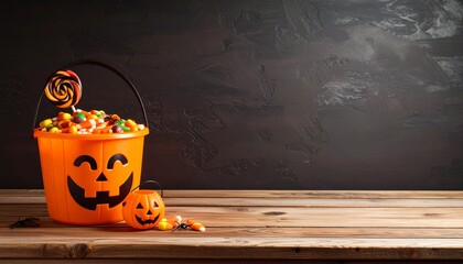 A vibrant orange jack-o'-lantern bucket overflowing with candy and a small pumpkin.