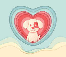 Cute dog papercut illustration with heart background