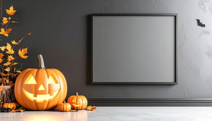 Illuminated jack-o'-lantern with autumn leaves beside a blank frame on a dark wall.
