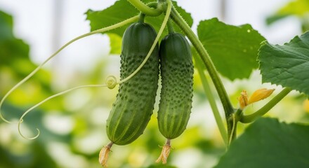 Two Green Cucumbers Growing on Vine in Greenhouse