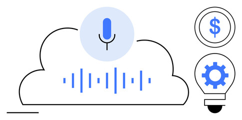 Microphone in cloud above sound waves, lightbulb integrating gear and dollar icon. Ideal for technology, AI, cloud computing, sound analysis, innovation, finance and digital transformation. Simple