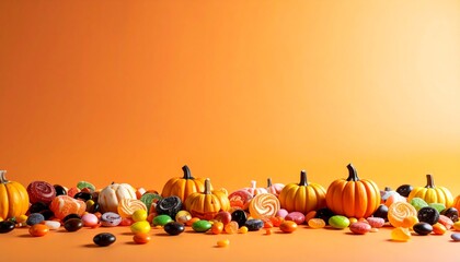 Miniature pumpkins and various candies are arranged on an orange background, creating a festive Halloween scene.
