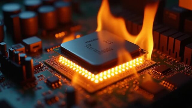 A computer motherboard on fire with a cpu on top of it