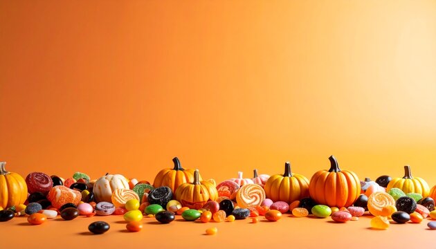 Miniature pumpkins and various candies are arranged on an orange background, creating a festive Halloween scene.