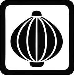 Stylized black and white icon of a traditional chinese lantern featuring vertical stripes and a simple rounded top and bottom set within a square border