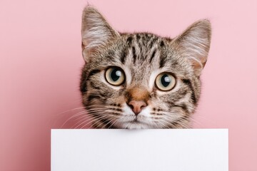 Tabby cat peeking over a blank sign