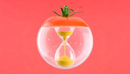 Surreal hourglass inside transparent sphere with green liquid and red-orange granules. A strawberry tops the structure, surrounded by bubbles—blending time, freshness, and playful imagination.
