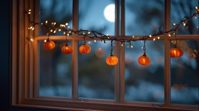 Window decorated with halloween pumpkin lights and a moon visible in the night sky outside the glass