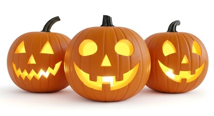Fototapeta premium Glowing Jack O Lantern Pumpkins on White Background