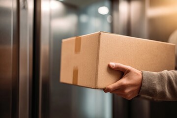 Person holding a cardboard box in an elevator