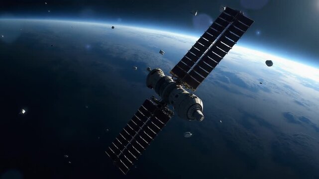 satellite orbiting the earth among the space debris.