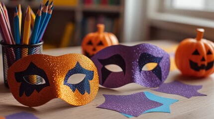 Halloween masks and pumpkins on a table with colored pencils and paper shapes for decoration
