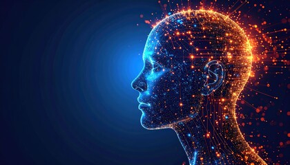 Digital Brain: A stunning, futuristic digital artwork depicts a human head constructed from an intricate network of interconnected glowing particles.