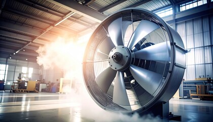 Industrial fan in factory with air ventilation, metal, and technology.