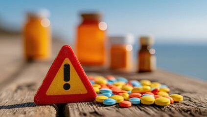 Pills and warning sign by the ocean