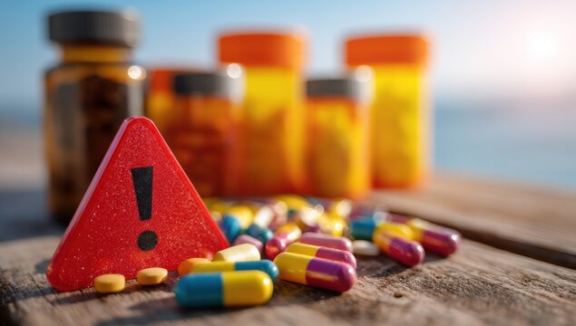 Pills and caution sign on a wooden table