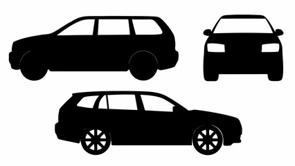 Three black silhouette illustrations of a station wagon car from different angles on white background