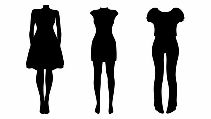 Three silhouettes of women's clothing including a dress and a jumpsuit on a white background