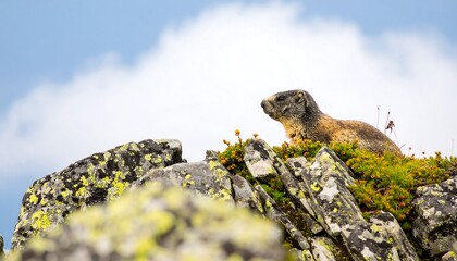 Alpine Marmot Perched on Rocky Outcrop Amidst Greenery and Clouds.