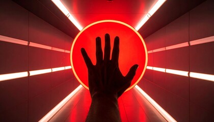 A silhouetted hand reaches toward a glowing red circle at the end of a corridor lined with vertical red lights—evoking mystery, symmetry, and a futuristic portal-like atmosphere.