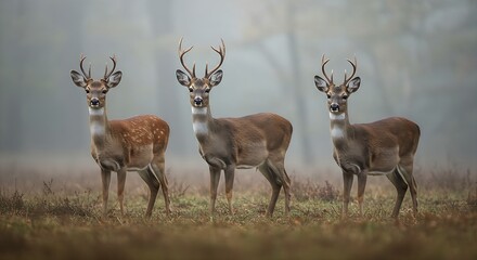 Fototapeta premium 4 graceful deer, fawn, buck, side by side, front view, tiny leaf crowns, tiny antlers made of twigs, standing in a misty autumnal forest, ethereal, serene, soft focus photography, 