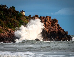 Fototapeta premium Coastal collision: Powerful wave crashing against rugged cliffs with distant structure showcasing