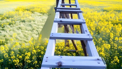 A weathered wooden ladder leans against a white wall, set before a vibrant field of yellow flowers—capturing rustic charm, rural simplicity, and the quiet passage of time in nature.