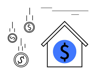 House featuring a bold dollar sign and coins dropping to symbolize investments, savings, or profit. Ideal for real estate, housing market, financial management, property value, wealth growth