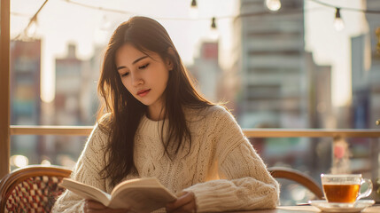 Golden Hour Reading at a Shibuya Outdoor Cafe

